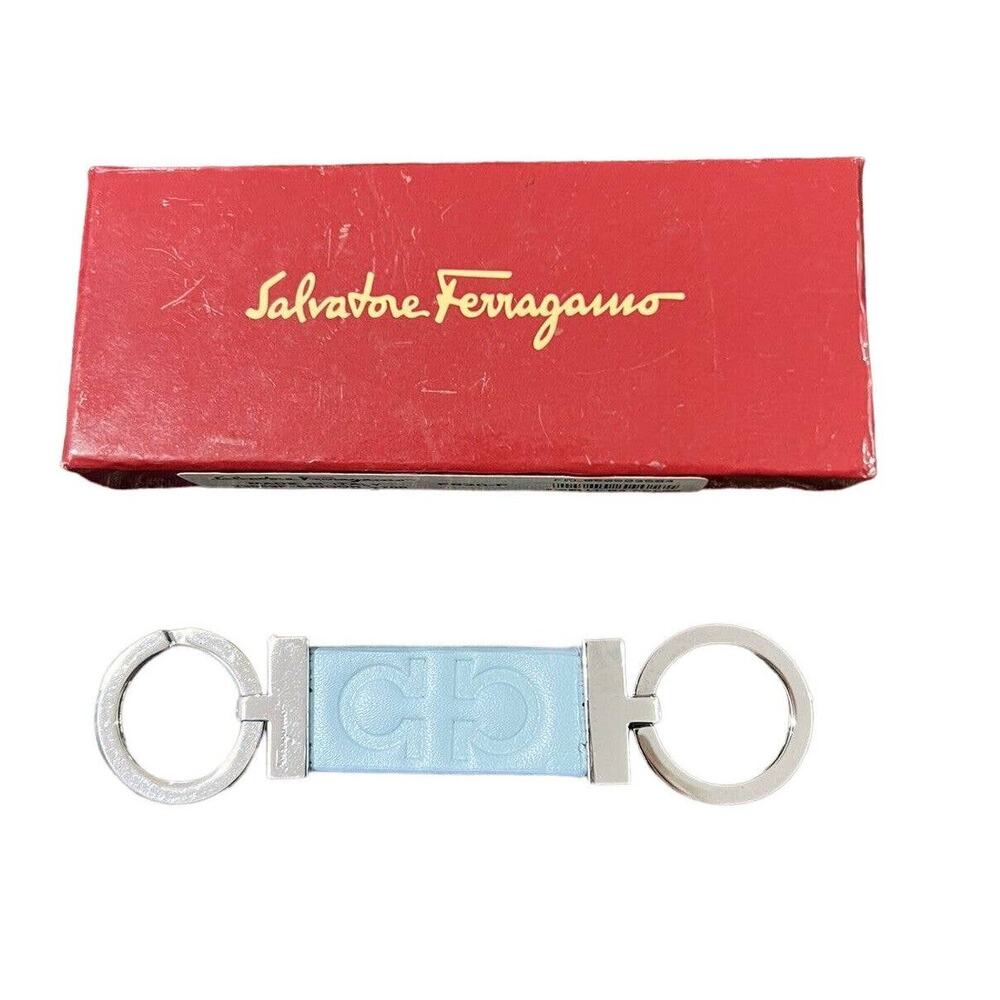 Salvatore Ferragamo Baby Blue Leather Unisex Key Ring NWT